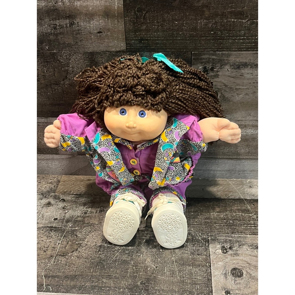 Vintage Cabbage Patch Kids Doll 90s Brown Yarn Hair Blue Eyes Purple Outfit